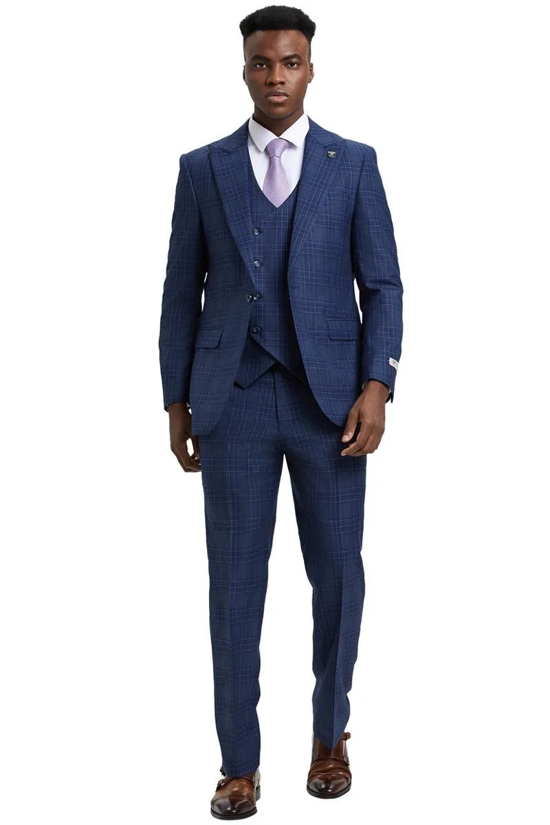 Men's Stacy Adams One Button Peak Lapel Double Breasted Vest Suit in Blue & Purple Plaid sold by Alberto Nardoni product image thumbnail 3