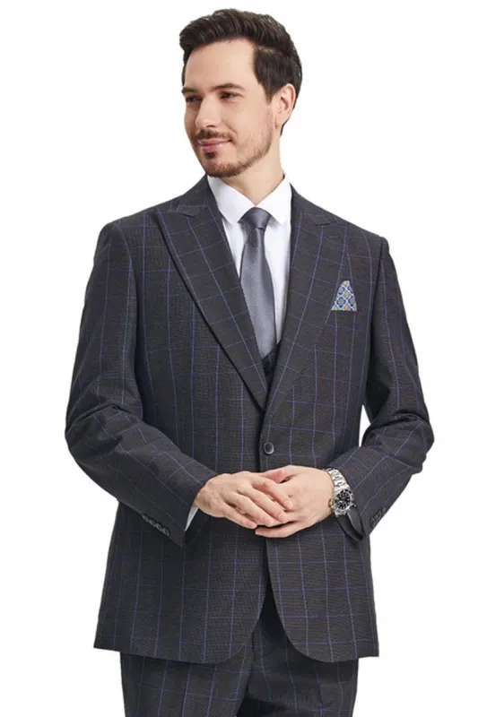 Men's Stacy Adams Peak Lapel Charcoal Grey Windowpane Plaid Suit with a Scoop Neck Vest sold by Alberto Nardoni