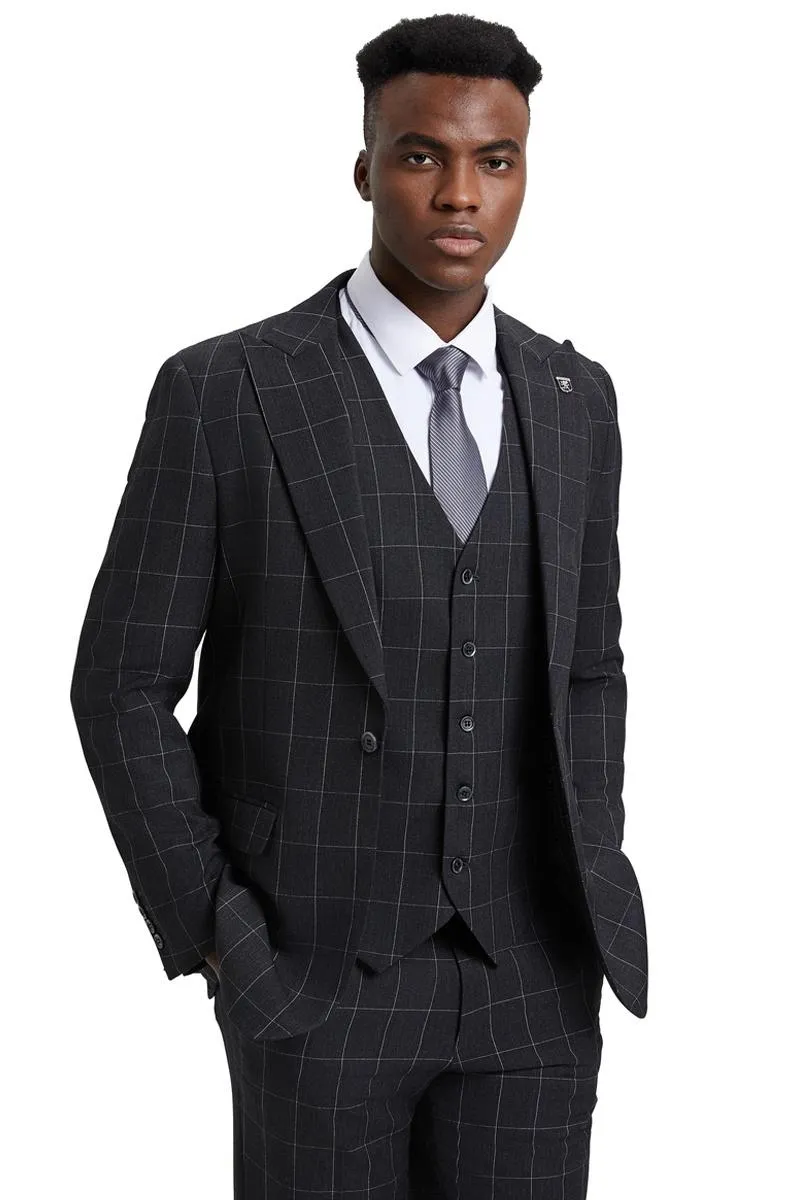 Men's Stacy Adams Vest Classic Bold Windowpane Suit in Dark Charcoal Grey sold by Alberto Nardoni product image thumbnail 4