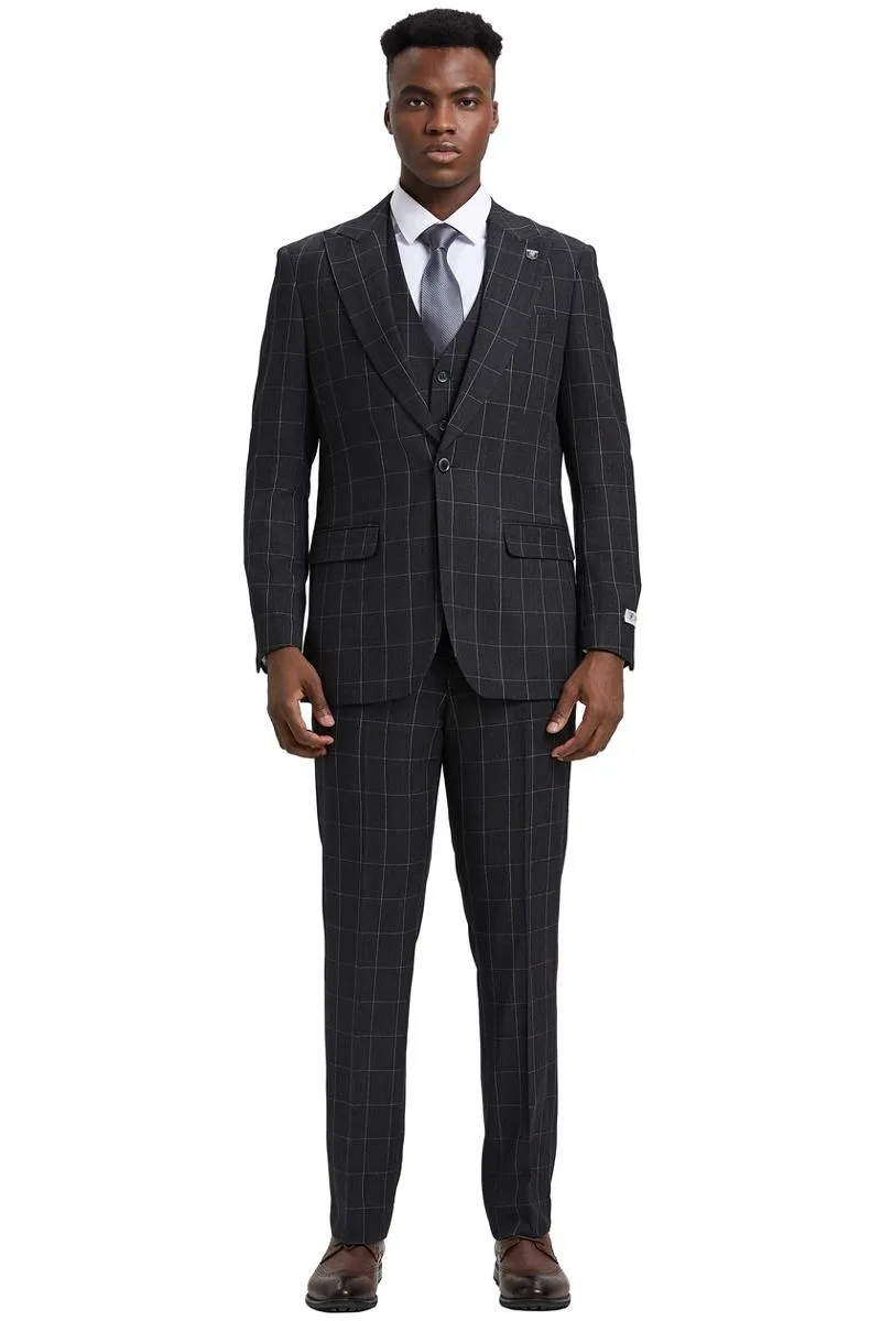 Men's Stacy Adams Vest Classic Bold Windowpane Suit in Dark Charcoal Grey sold by Alberto Nardoni product image thumbnail 2