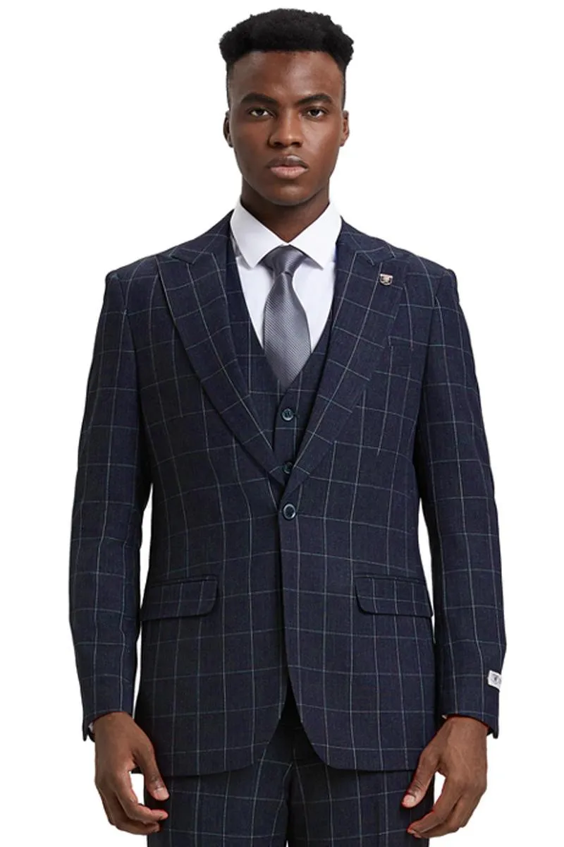 Men's Stacy Adams Vest Classic Bold Windowpane Suit in Navy Blue sold by Alberto Nardoni