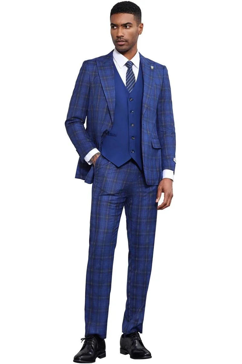Men's Stacy Adams Bold Windowpane Plaid Print Vested Suit in Midnight Blue sold by Alberto Nardoni product image thumbnail 3