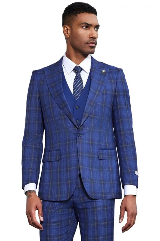 Men's Stacy Adams Bold Windowpane Plaid Print Vested Suit in Midnight Blue sold by Alberto Nardoni