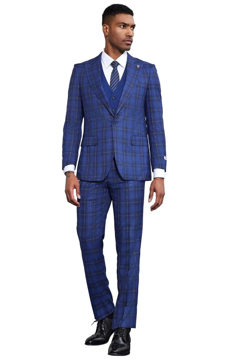 Men's Stacy Adams Bold Windowpane Plaid Print Vested Suit in Midnight Blue sold by Alberto Nardoni product image thumbnail 2