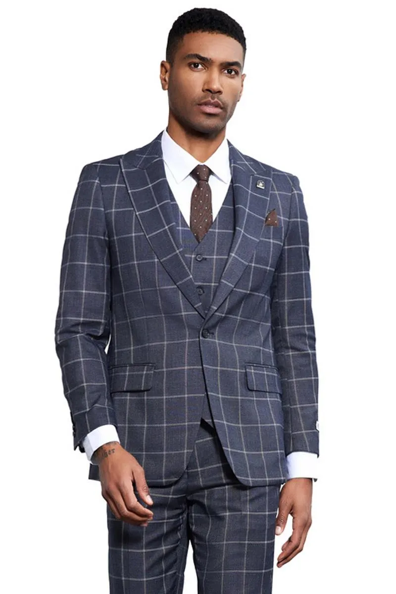 Men's Stacy Adams Classic One Button Vested Windowpane Suit in Charcoal Grey sold by Alberto Nardoni