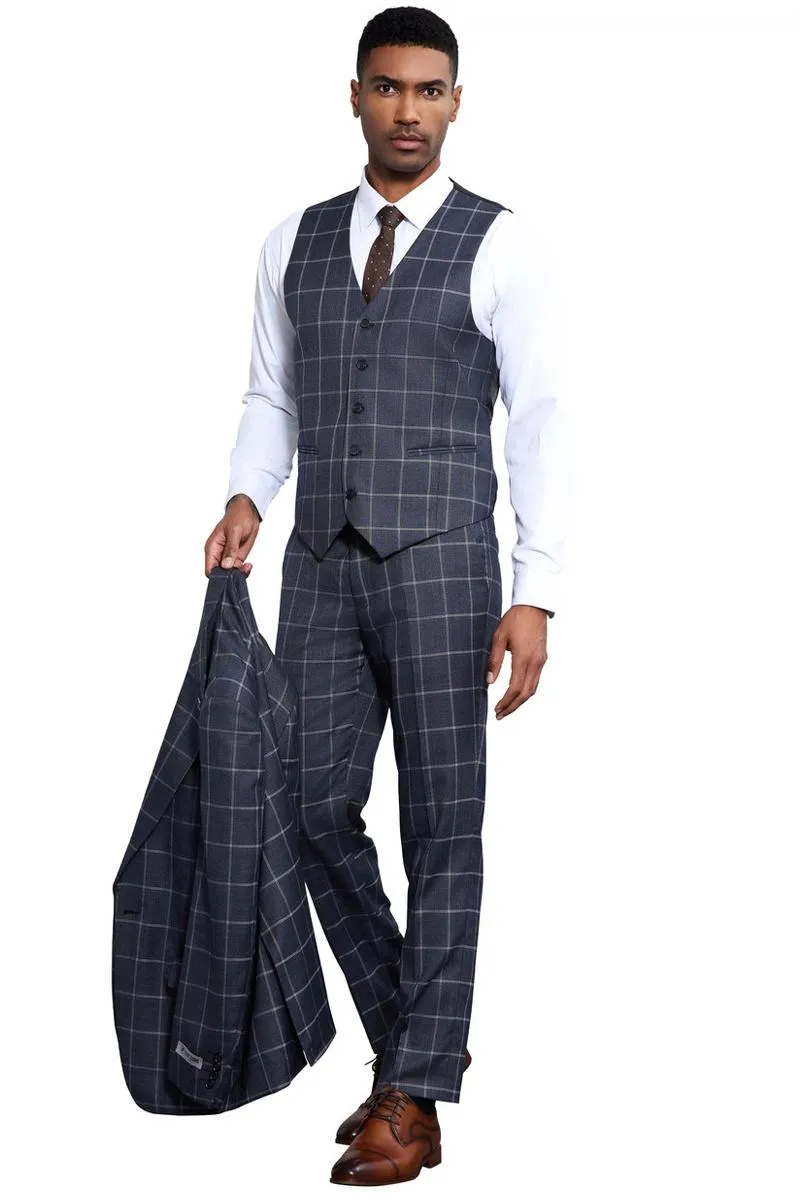 Men's Stacy Adams Classic One Button Vested Windowpane Suit in Charcoal Grey sold by Alberto Nardoni product image thumbnail 5