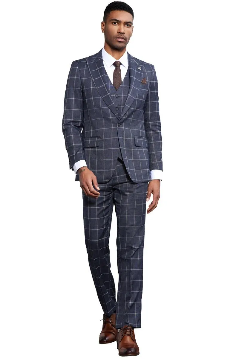Men's Stacy Adams Classic One Button Vested Windowpane Suit in Charcoal Grey sold by Alberto Nardoni product image thumbnail 2