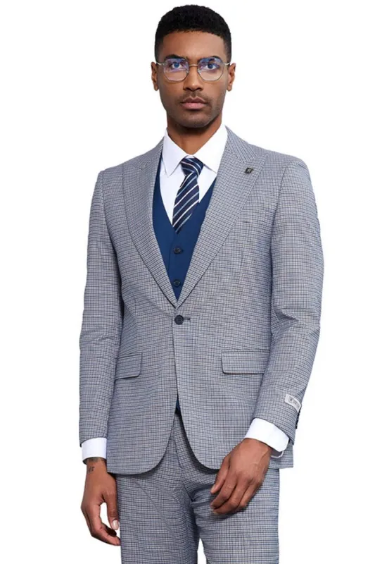 Men's Stacy Adams One Button Peak Lapel Vested Micro Check in Light Blue with a French Blue Vest sold by Alberto Nardoni