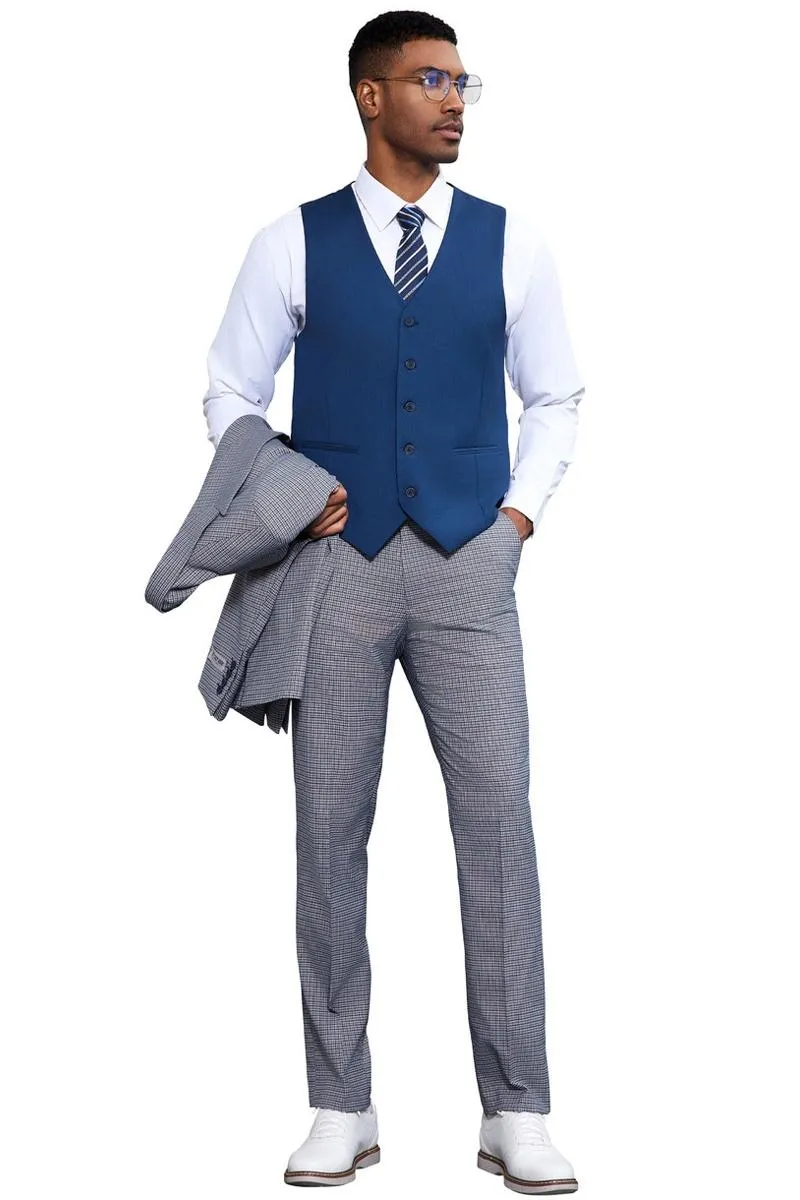 Men's Stacy Adams One Button Peak Lapel Vested Micro Check in Light Blue with a French Blue Vest sold by Alberto Nardoni product image thumbnail 3