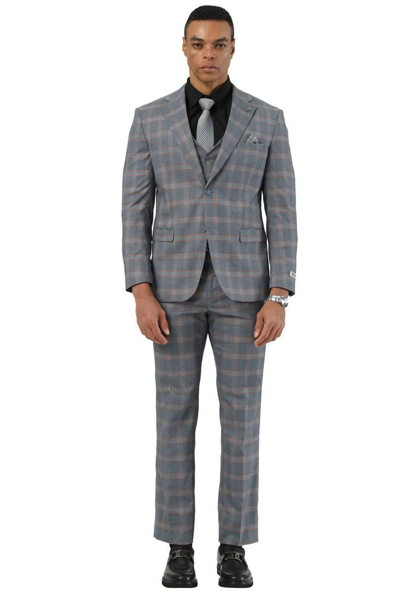 Men's Designer Stacy Adams Vested Glen Plaid Suit in Grey & Orange sold by Alberto Nardoni product image thumbnail 2