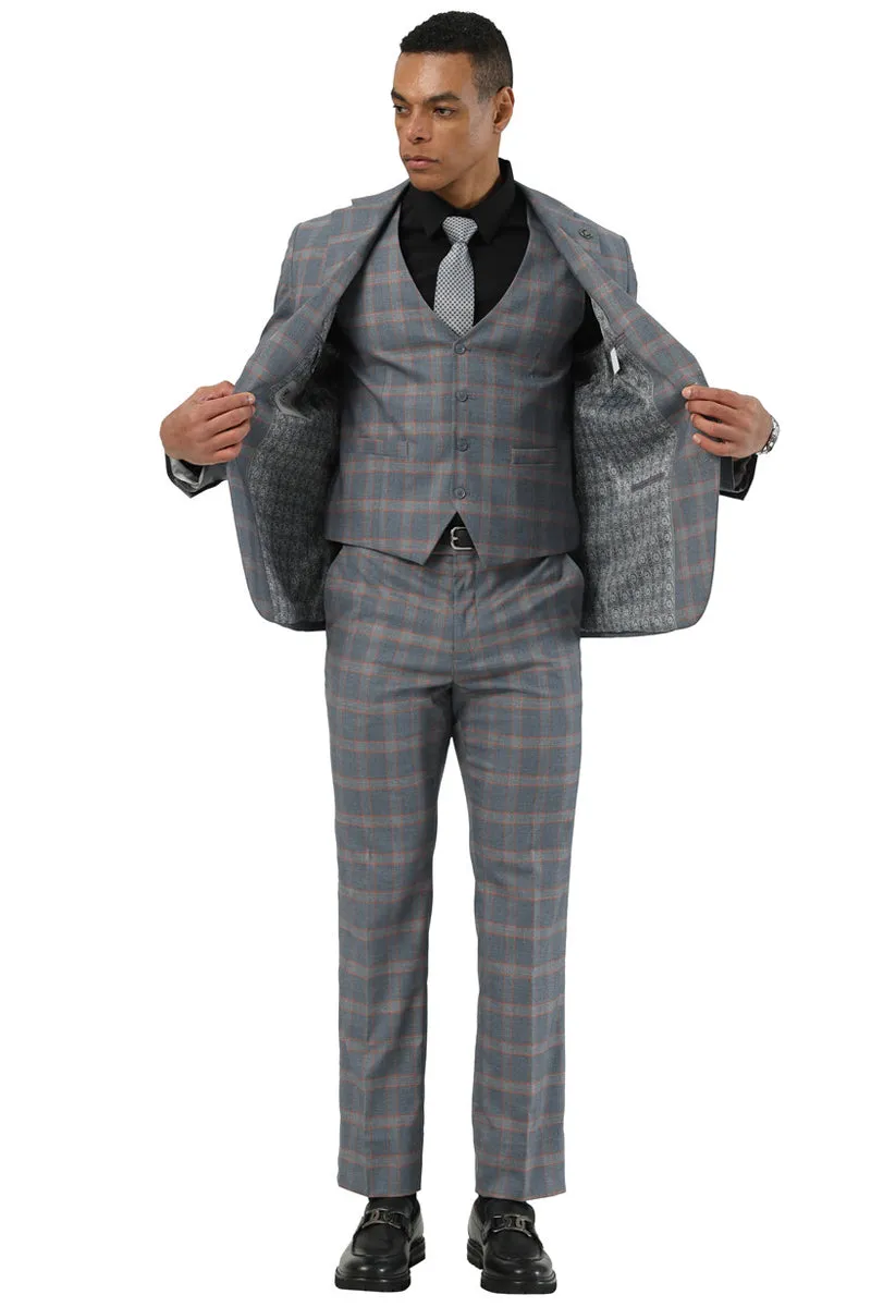 Men's Designer Stacy Adams Vested Glen Plaid Suit in Grey & Orange sold by Alberto Nardoni product image thumbnail 3