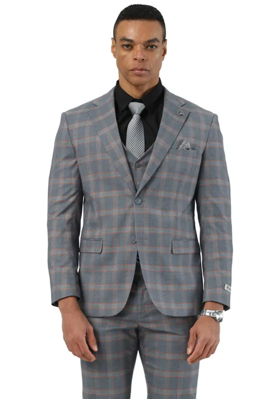 Men's Designer Stacy Adams Vested Glen Plaid Suit in Grey & Orange sold by Alberto Nardoni