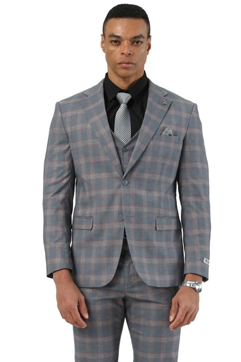 Men's Designer Stacy Adams Vested Glen Plaid Suit in Grey & Orange sold by Alberto Nardoni