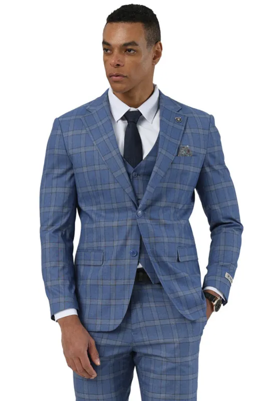 Men's Designer Stacy Adams Vested Glen Plaid Suit in Blue sold by Alberto Nardoni
