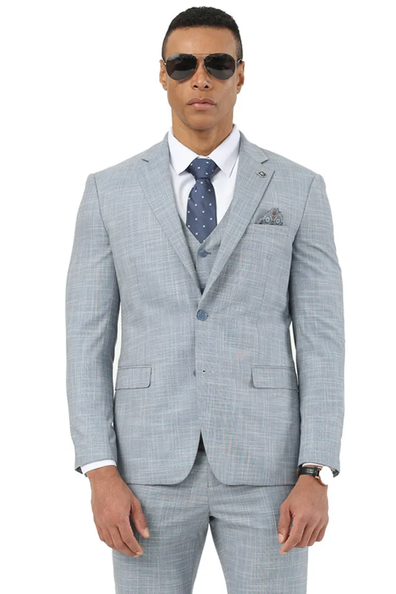 Men's Designer Stacy Adams Vested Suit in Light Grey Sharkskin Weave sold by Alberto Nardoni
