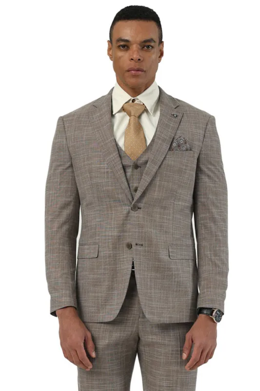 Men's Designer Stacy Adams Vested Suit in Light Brown Sharkskin Weave sold by Alberto Nardoni