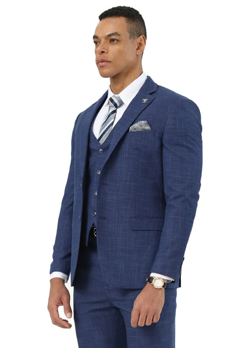 Men's Designer Stacy Adams Vested Suit in Indigo Blue Sharkskin Weave sold by Alberto Nardoni