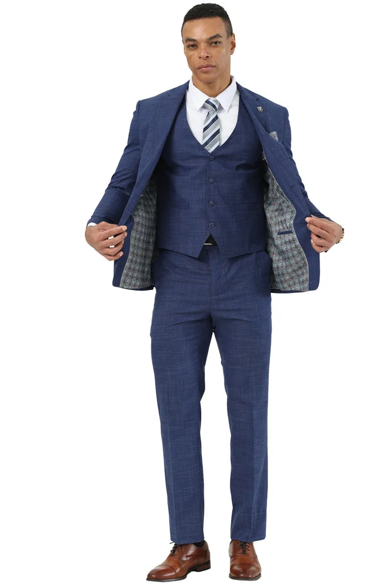 Men's Designer Stacy Adams Vested Suit in Indigo Blue Sharkskin Weave sold by Alberto Nardoni product image thumbnail 3