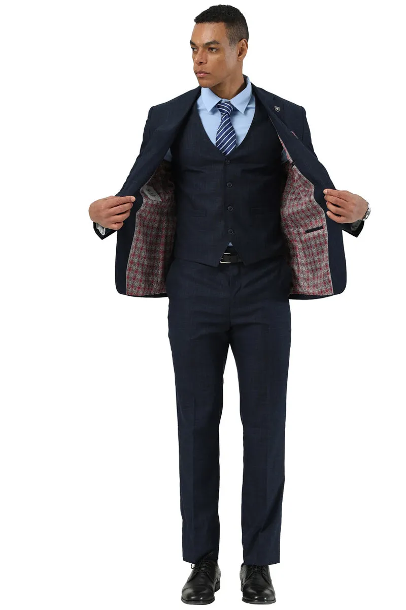 Men's Designer Stacy Adams Vested Suit in Navy Blue Sharkskin Weave sold by Alberto Nardoni product image thumbnail 4
