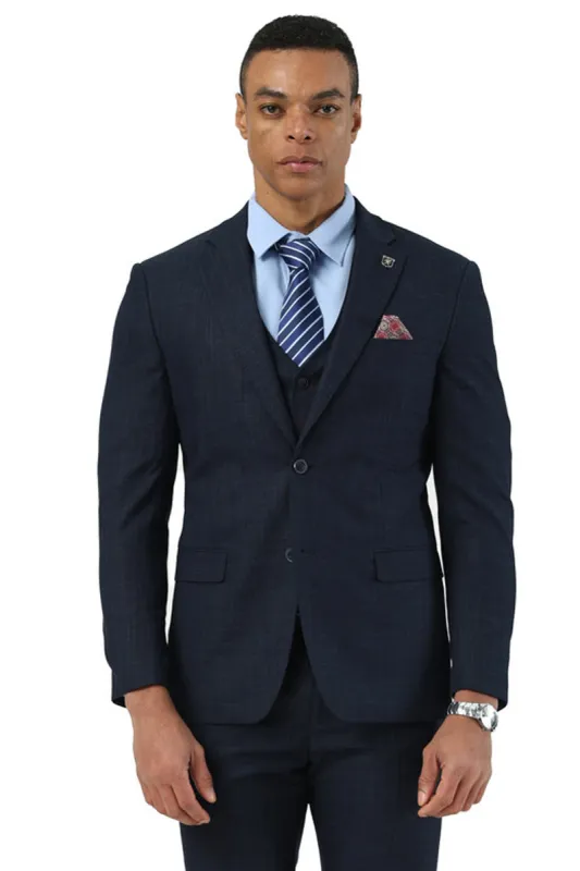 Men's Designer Stacy Adams Vested Suit in Navy Blue Sharkskin Weave sold by Alberto Nardoni