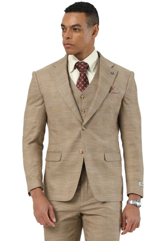 Men's Stacy Adams Vested Sharkskin Pattern Business Suit in Tan sold by Alberto Nardoni