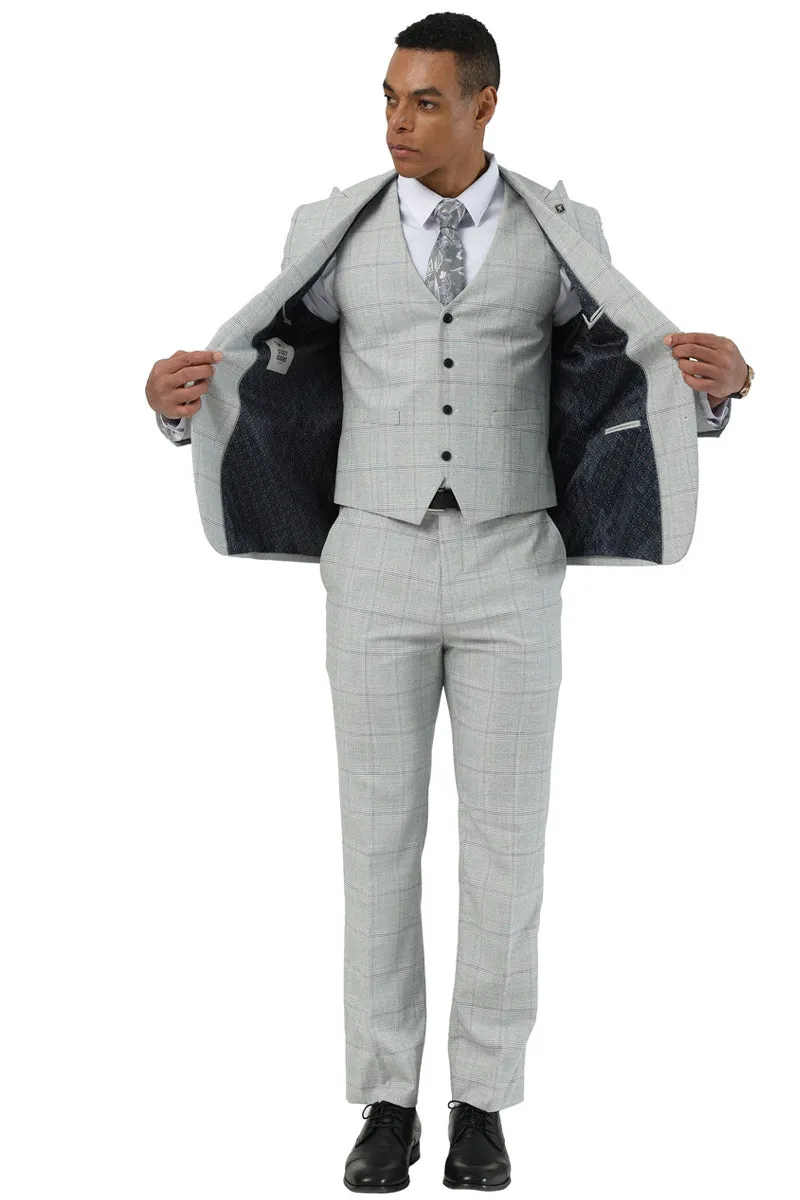 Men's Stacy Adams Two Button Vested Peak Lapel Suit in Light Grey Windowpane Plaid sold by Alberto Nardoni product image thumbnail 4