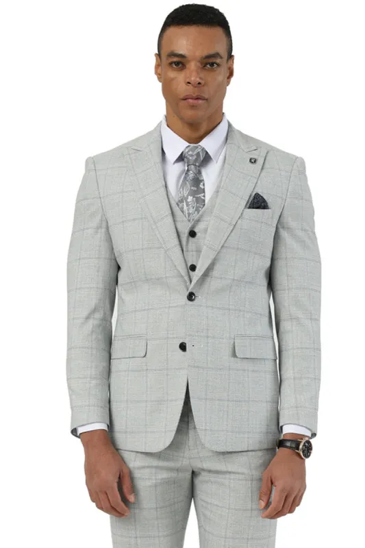 Men's Stacy Adams Two Button Vested Peak Lapel Suit in Light Grey Windowpane Plaid sold by Alberto Nardoni