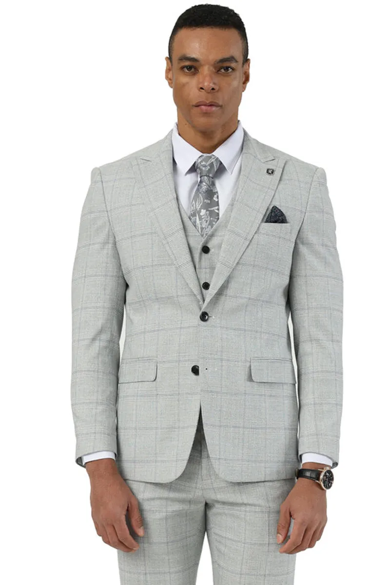 Men's Stacy Adams Two Button Vested Peak Lapel Suit in Light Grey Windowpane Plaid sold by Alberto Nardoni