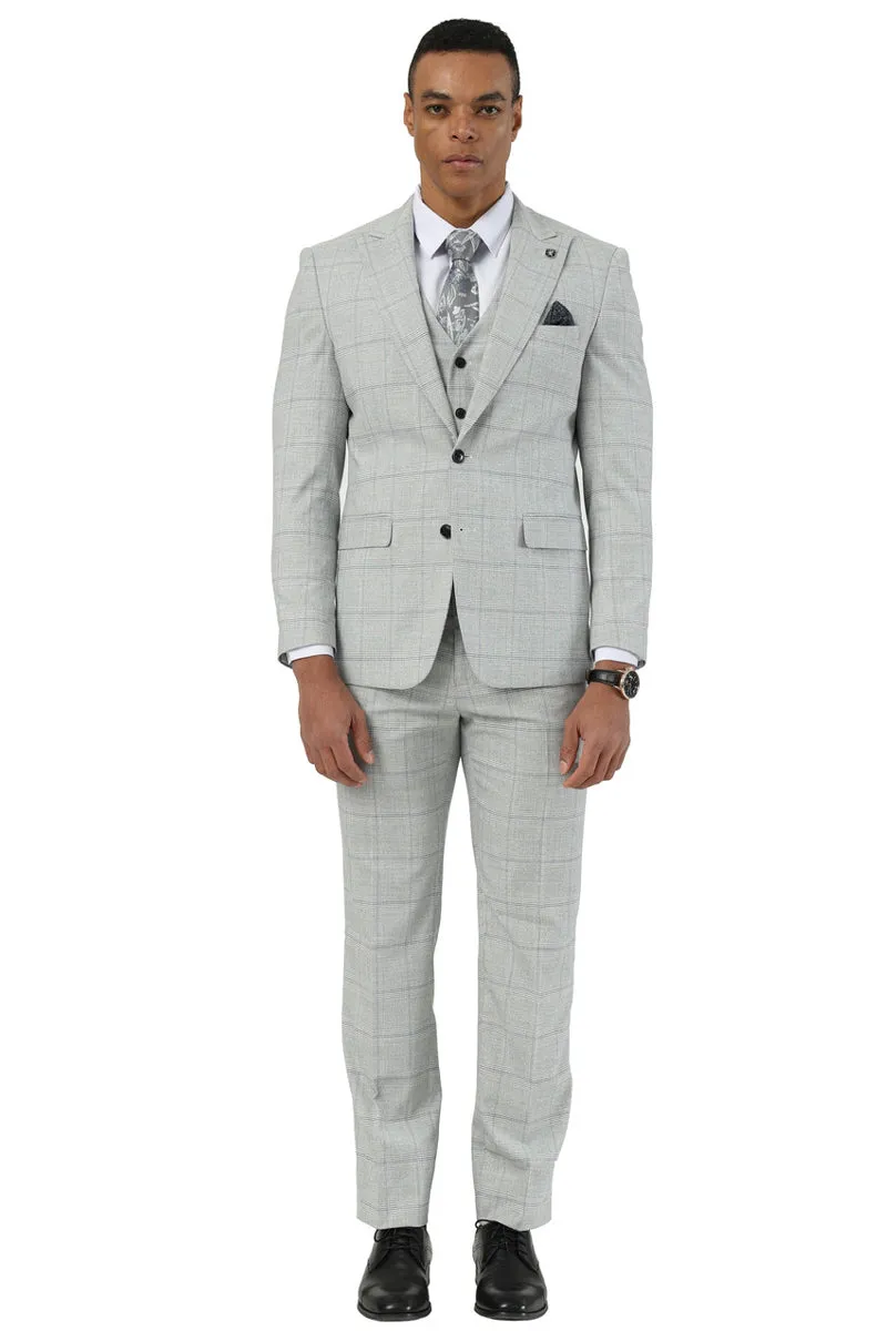 Men's Stacy Adams Two Button Vested Peak Lapel Suit in Light Grey Windowpane Plaid sold by Alberto Nardoni product image thumbnail 2