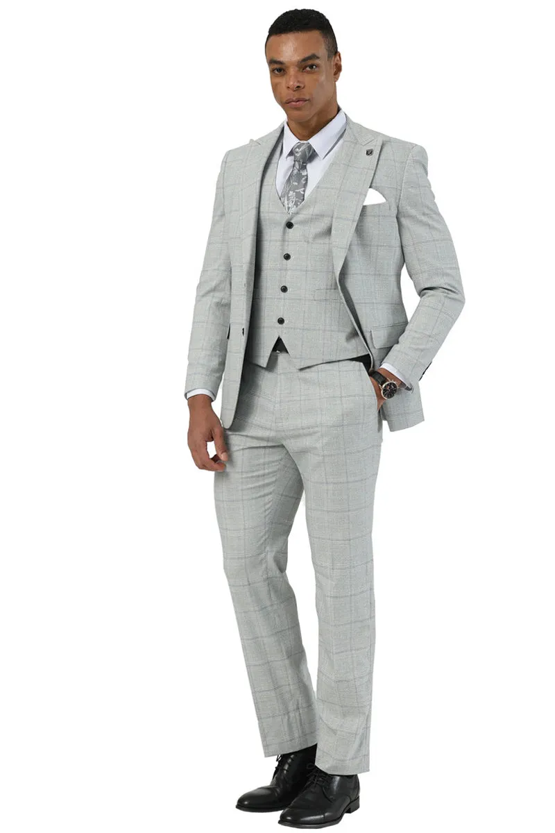 Men's Stacy Adams Two Button Vested Peak Lapel Suit in Light Grey Windowpane Plaid sold by Alberto Nardoni product image thumbnail 3
