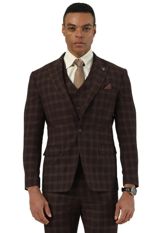 Men's Stacy Adams One Button Vested Peak Lapel Suit in Brown Plaid sold by Alberto Nardoni