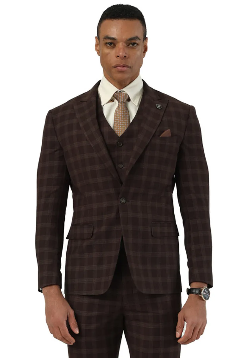 Men's Stacy Adams One Button Vested Peak Lapel Suit in Brown Plaid sold by Alberto Nardoni