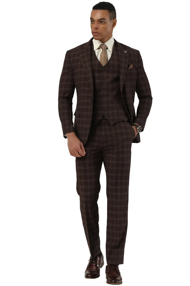 Men's Stacy Adams One Button Vested Peak Lapel Suit in Brown Plaid sold by Alberto Nardoni product image thumbnail 2