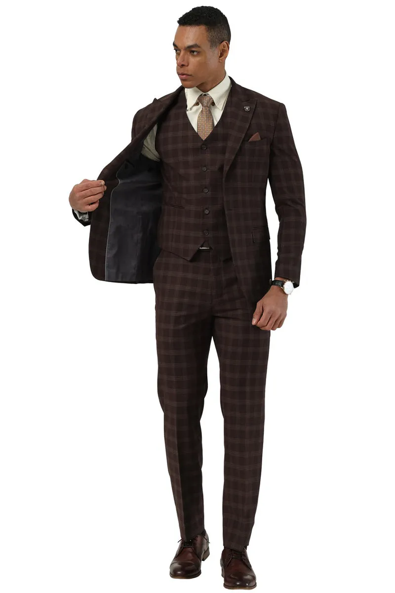 Men's Stacy Adams One Button Vested Peak Lapel Suit in Brown Plaid sold by Alberto Nardoni product image thumbnail 3