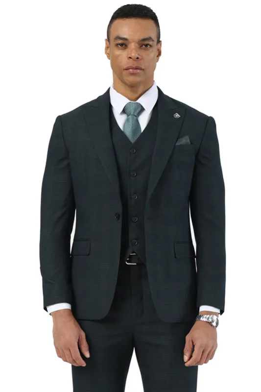 Men's Stacy Adams One Button Peak Lapel Vested Suit in Dark Hunter Green Plaid sold by Alberto Nardoni