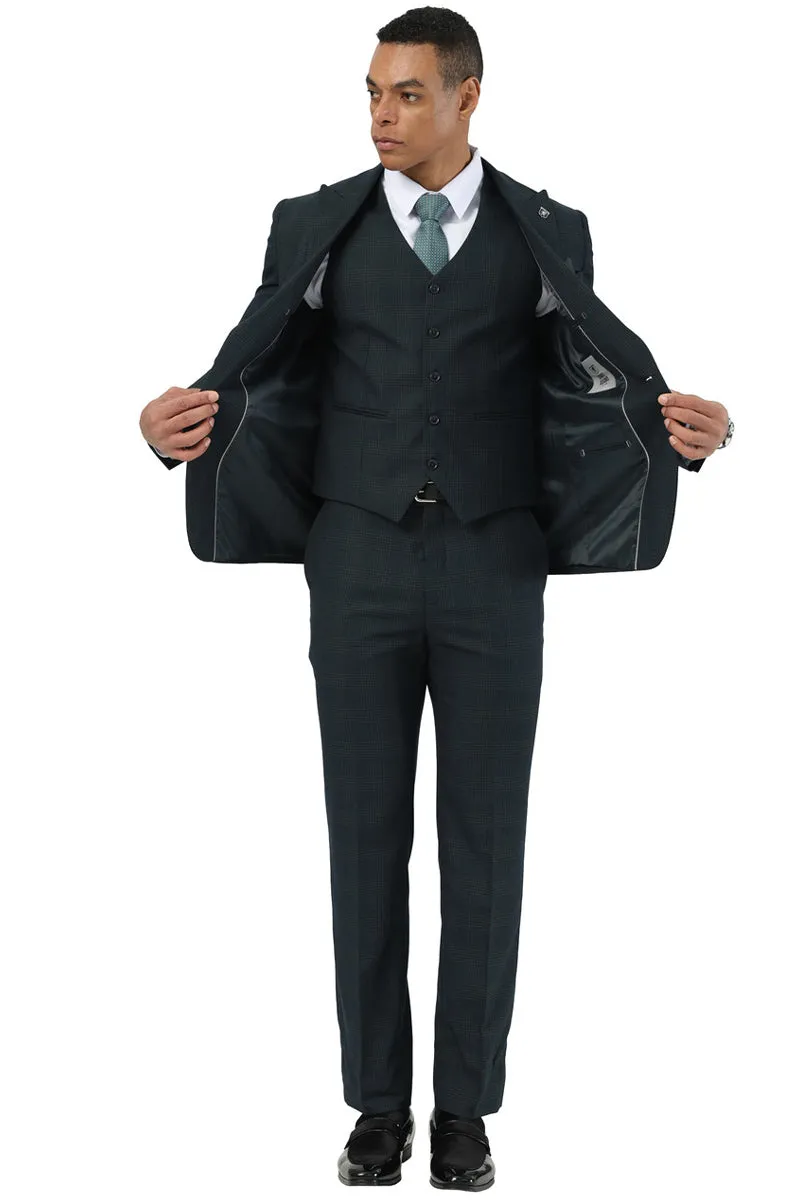 Men's Stacy Adams One Button Peak Lapel Vested Suit in Dark Hunter Green Plaid sold by Alberto Nardoni product image thumbnail 3