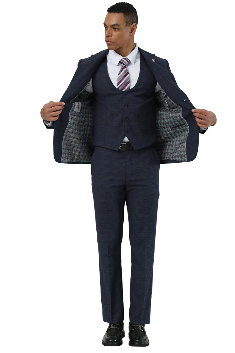 Men's Stacy Adams Two Button Peak Lapel Suit with Scoop Vest in Navy Glen Plaid sold by Alberto Nardoni product image thumbnail 2
