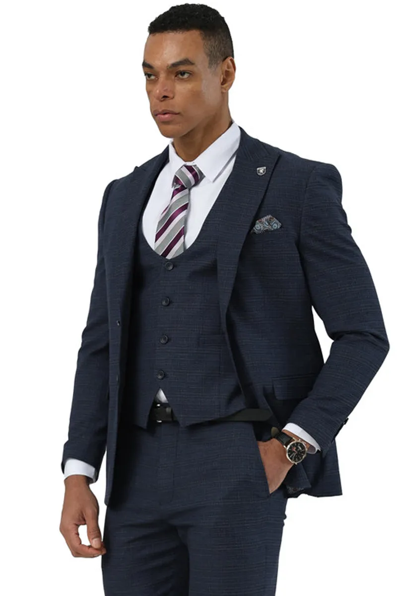 Men's Stacy Adams Two Button Peak Lapel Suit with Scoop Vest in Navy Glen Plaid sold by Alberto Nardoni