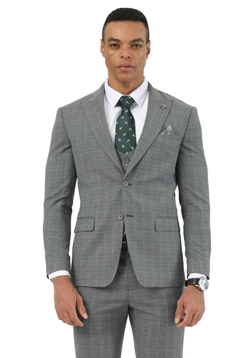 Men's Stacy Adams Two Button Peak Lapel Suit with Scoop Vest in Grey Glen Plaid sold by Alberto Nardoni