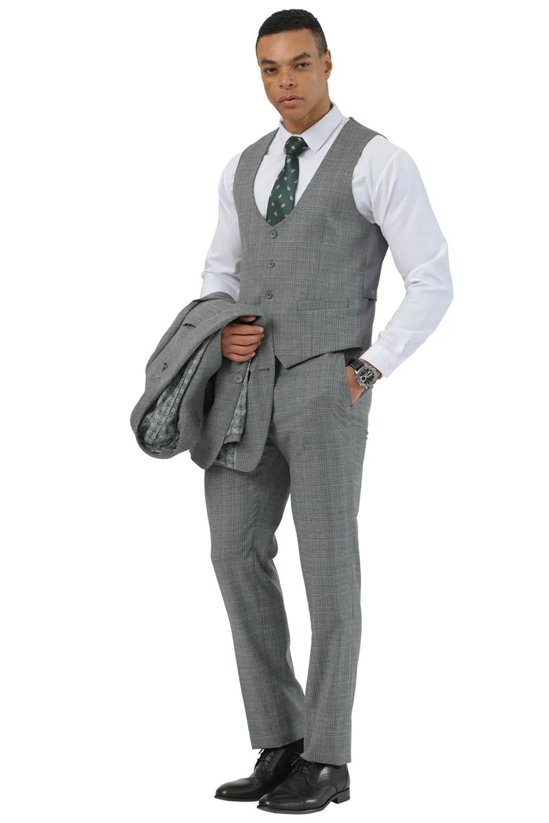 Men's Stacy Adams Two Button Peak Lapel Suit with Scoop Vest in Grey Glen Plaid sold by Alberto Nardoni product image thumbnail 2