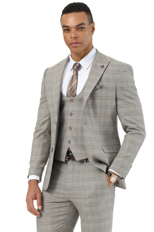 Men's Stacy Adams Two Button Peak Lapel Suit with Scoop Vest in Kahki Glen Plaid sold by Alberto Nardoni