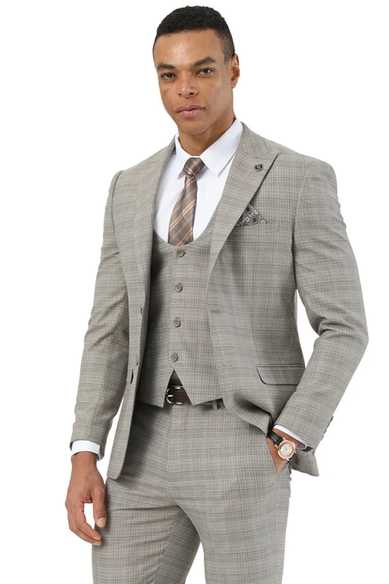 Men's Stacy Adams Two Button Peak Lapel Suit with Scoop Vest in Kahki Glen Plaid sold by Alberto Nardoni
