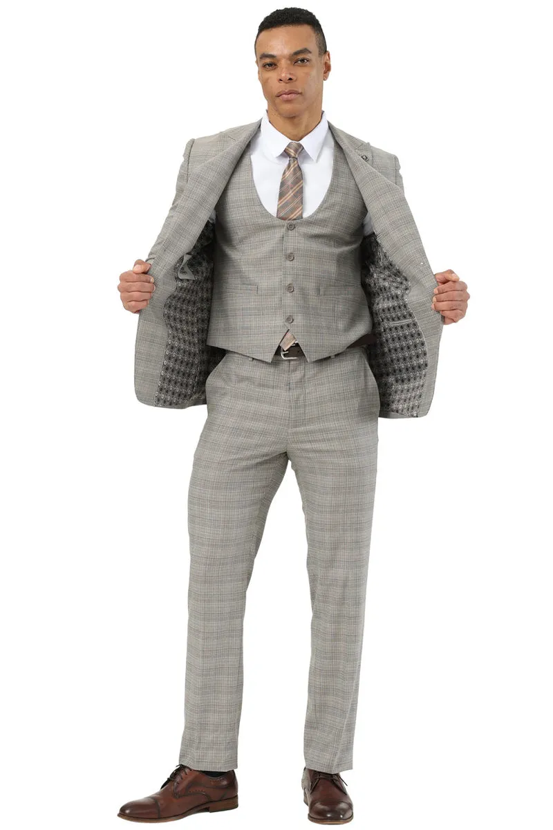Men's Stacy Adams Two Button Peak Lapel Suit with Scoop Vest in Kahki Glen Plaid sold by Alberto Nardoni product image thumbnail 2