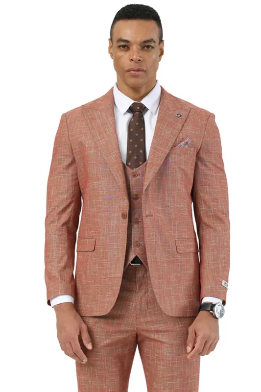 Men's Stacy Adams One Button Peak Lapel Vested Suit in Taupe Sharkskin Windowpane sold by Alberto Nardoni