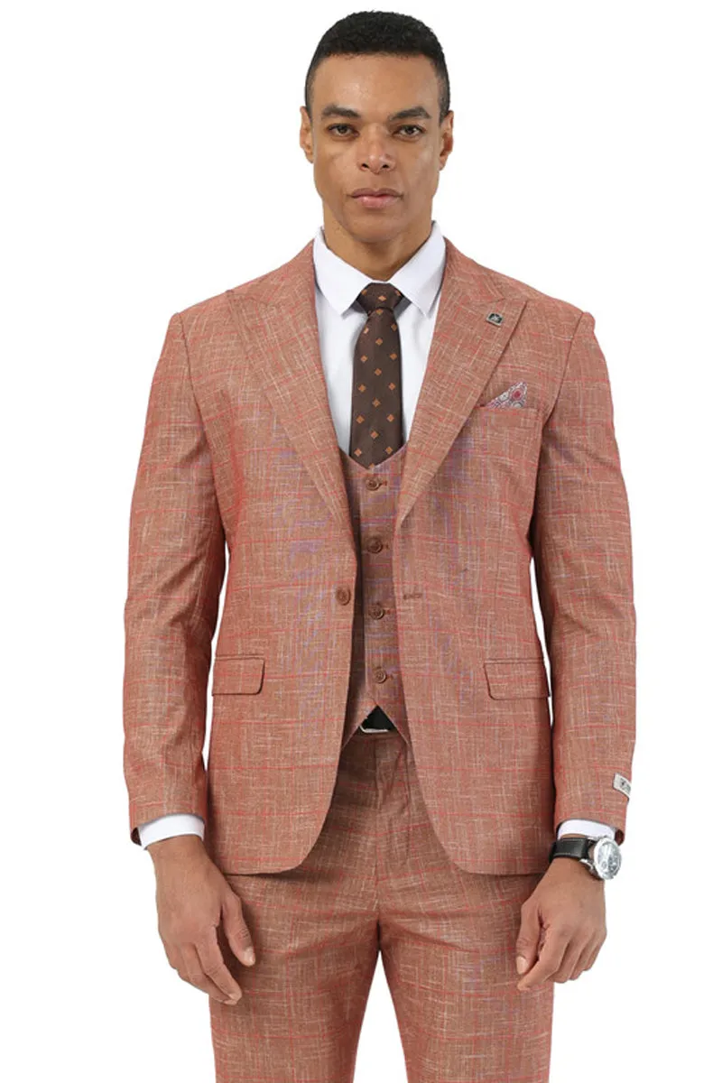 Men's Stacy Adams One Button Peak Lapel Vested Suit in Taupe Sharkskin Windowpane sold by Alberto Nardoni