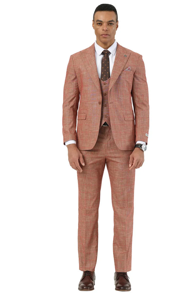 Men's Stacy Adams One Button Peak Lapel Vested Suit in Taupe Sharkskin Windowpane sold by Alberto Nardoni product image thumbnail 2