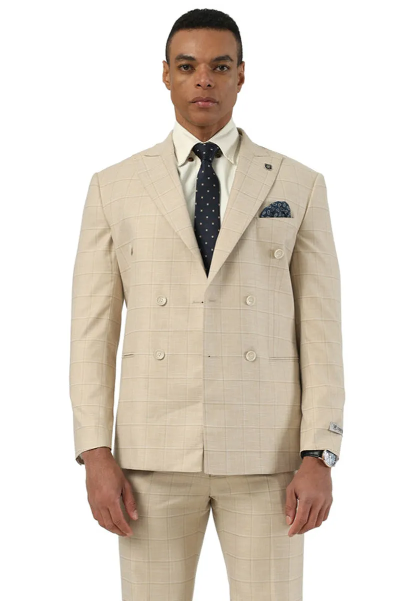 Men's Stacy Adams Double Breasted Summer Suit in Beige Windowpane Plaid sold by Alberto Nardoni