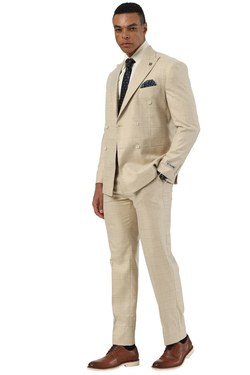 Men's Stacy Adams Double Breasted Summer Suit in Beige Windowpane Plaid sold by Alberto Nardoni product image thumbnail 2