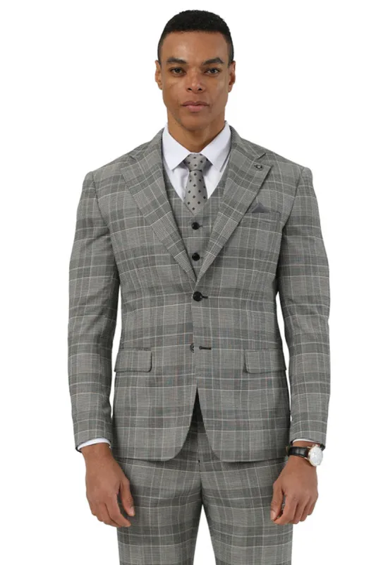 Men's Stacy Adams Two Button Wide Notch Lapel Vested Suit in Grey Glen Plaid sold by Alberto Nardoni