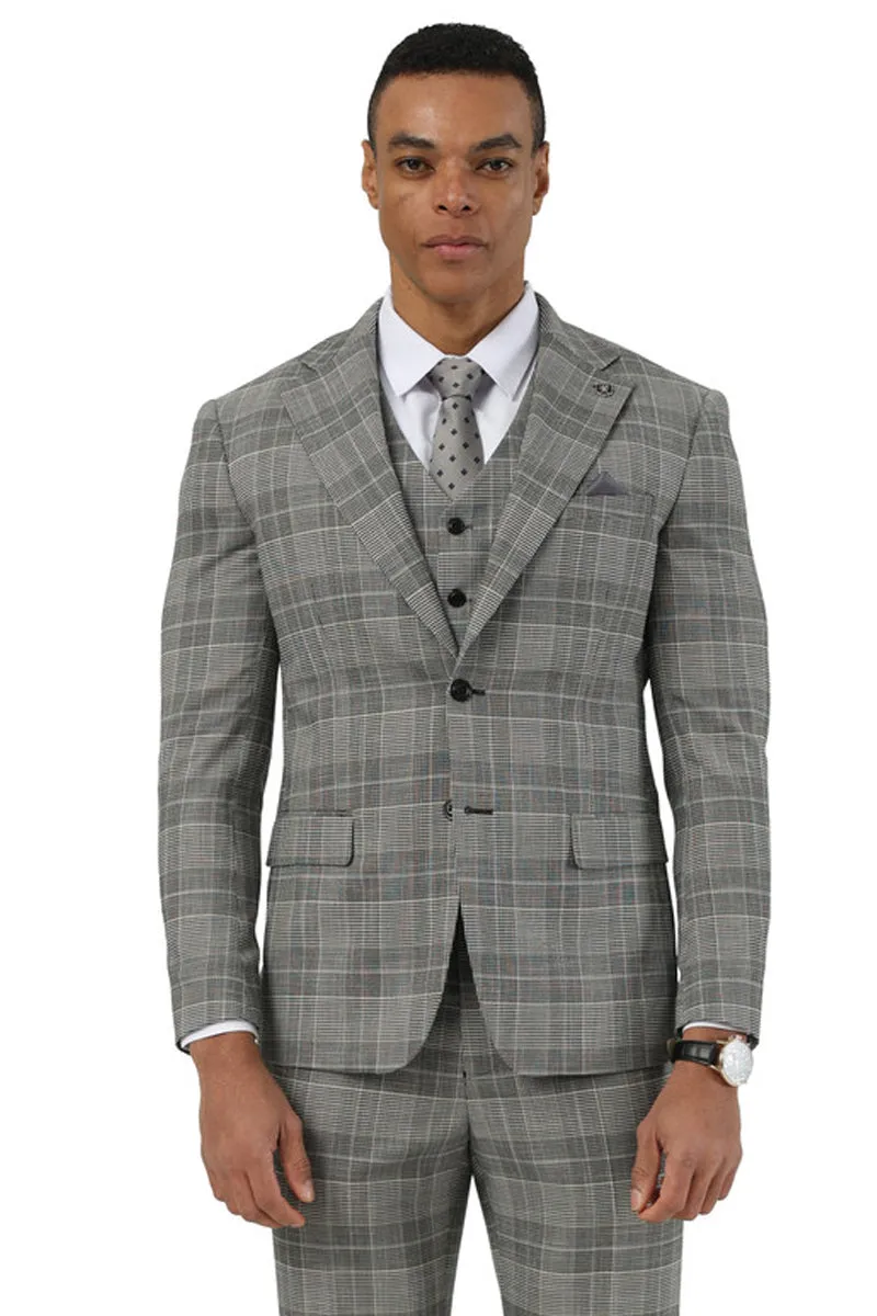 Men's Stacy Adams Two Button Wide Notch Lapel Vested Suit in Grey Glen Plaid sold by Alberto Nardoni